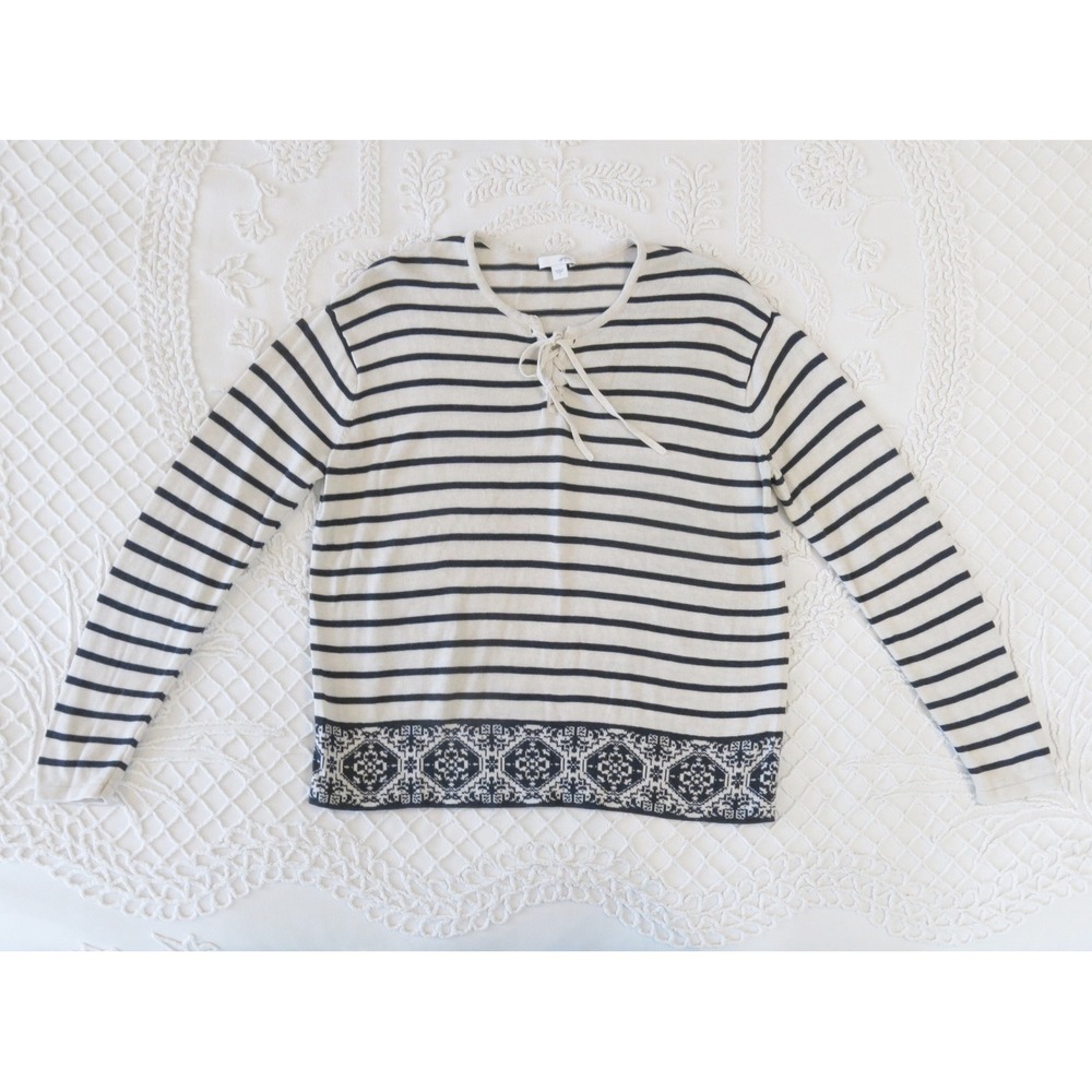 J Jill Striped Lace Up Knit Henley Sweater Navy Cream Fair Isle Hem Small Cotton